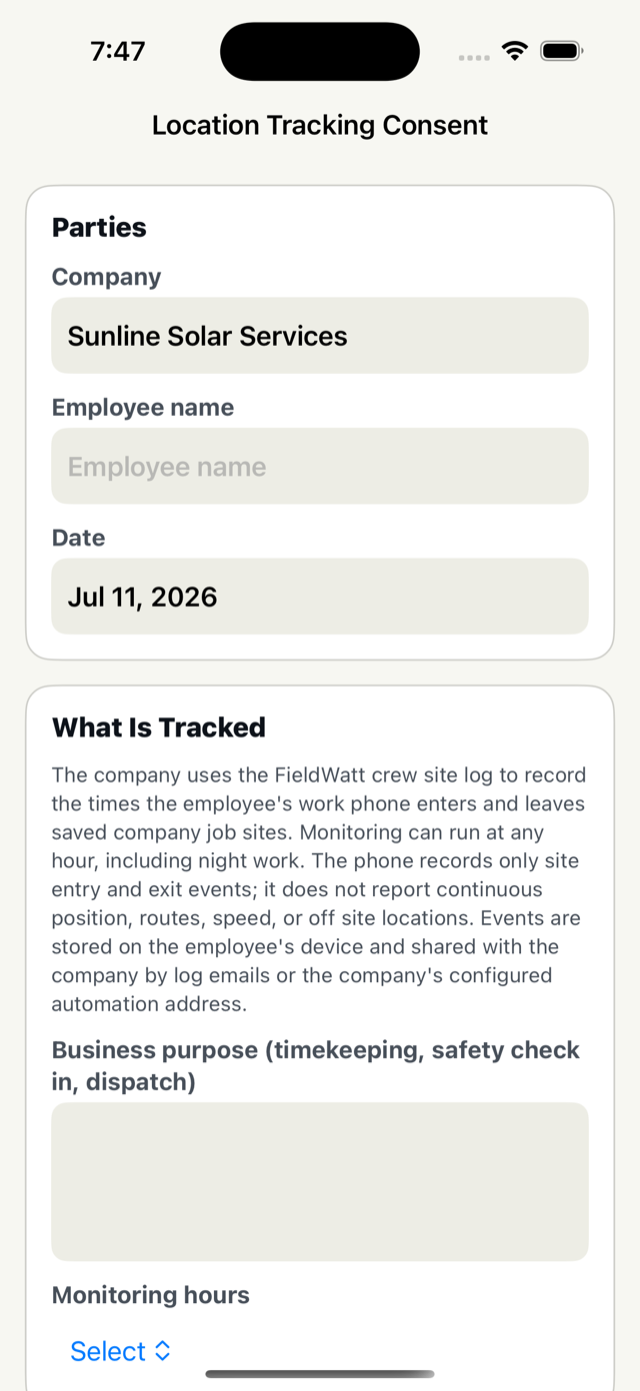 The Location Tracking Consent form in the app with disclosure text, monitoring hours picker, and signature fields