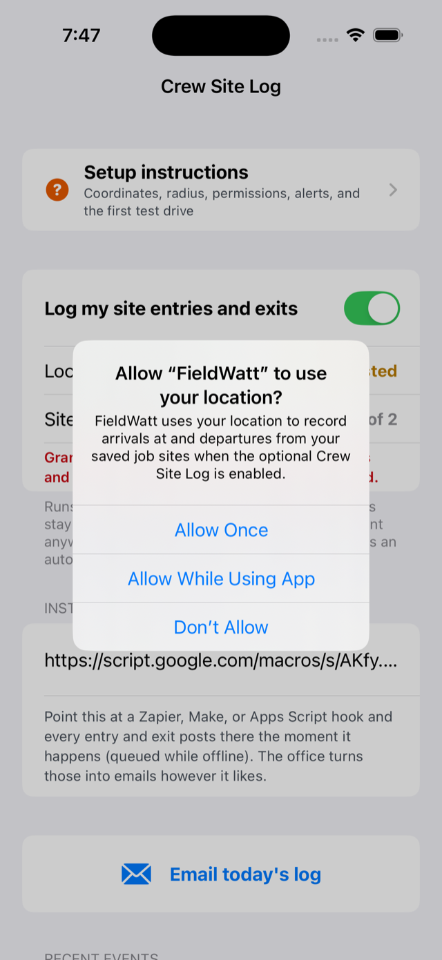 The iOS location permission dialog with Allow Once, Allow While Using App, and Don't Allow choices