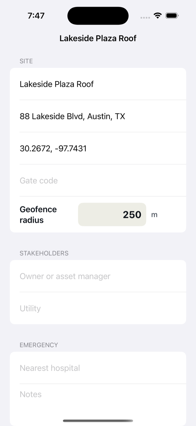 The site editor showing the GPS coordinates field filled with decimals and the geofence radius field set to 250 meters